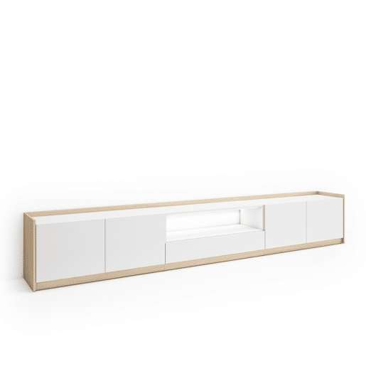 Móvel de TV, Muito espaço de arrumação, 310x37x50cm, Para televisores até 80, LED, Estilo moderno, Branco e Carvalho soft