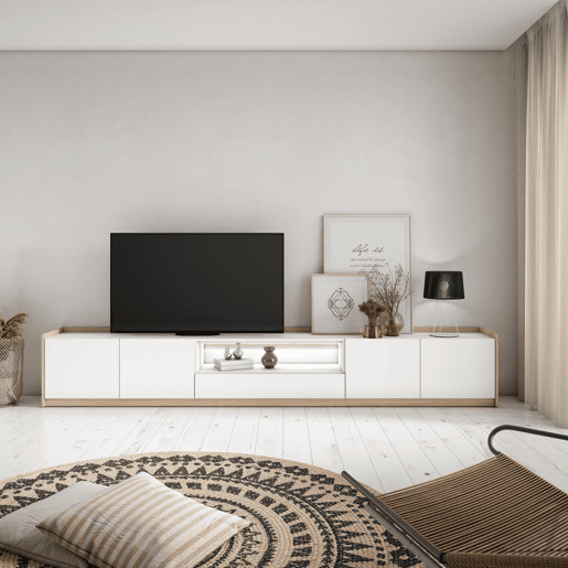 Móvel de TV, Muito espaço de arrumação, 310x37x50cm, Para televisores até 80, LED, Estilo moderno, Branco e Carvalho soft