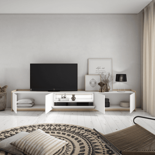 Móvel de TV, Muito espaço de arrumação, 310x37x50cm, Para televisores até 80, LED, Estilo moderno, Branco e Carvalho soft