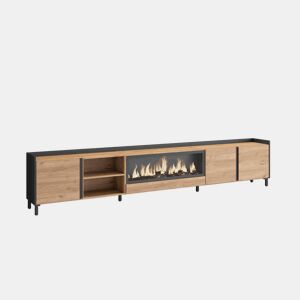 Móvel de TV, Muito espaço de arrumação, 315x35x61cm, Para televisores até 80, Lareira eléctrica XXL, Design industrial, Estilo moderno, Carvalho e preto