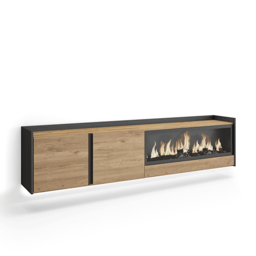 Móvel de TV, Muito espaço de arrumação, 212x35x50cm, Para televisores até 80, Lareira eléctrica XXL, Suspensos, LED, Estilo moderno, Carvalho e preto
