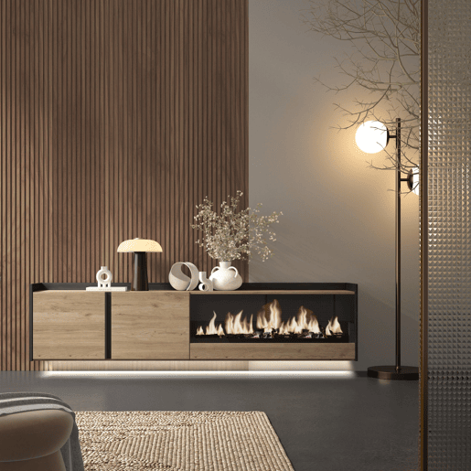 Móvel de TV, Muito espaço de arrumação, 212x35x50cm, Para televisores até 80, Lareira eléctrica XXL, Suspensos, LED, Estilo moderno, Carvalho e preto