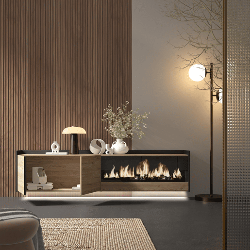 Móvel de TV, Muito espaço de arrumação, 212x35x50cm, Para televisores até 80, Lareira eléctrica XXL, Suspensos, LED, Estilo moderno, Carvalho e preto