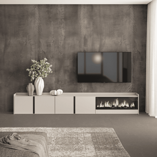 Móvel de TV, Muito espaço de arrumação, 315x35x50cm, Para televisores até 80, Lareira eléctrica XXL, Estilo moderno, Bege Móvel de TV, Muito espaço de arrumação, 315x35x50cm, Para televisores até 80, Lareira eléctrica XXL, Estilo moderno, Bege