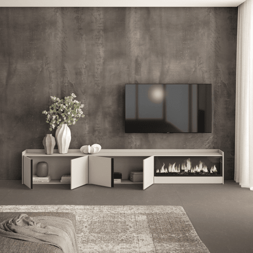 Móvel de TV, Muito espaço de arrumação, 315x35x50cm, Para televisores até 80, Lareira eléctrica XXL, Estilo moderno, Bege Móvel de TV, Muito espaço de arrumação, 315x35x50cm, Para televisores até 80, Lareira eléctrica XXL, Estilo moderno, Bege