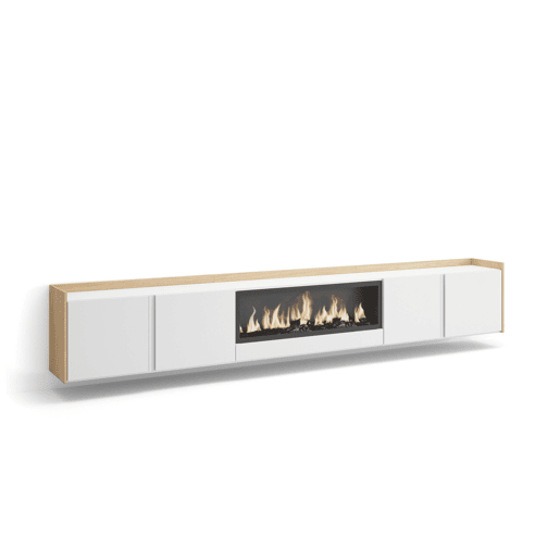 Móvel de TV, Muito espaço de arrumação, 315x35x50cm, Para televisores até 80, Lareira eléctrica XXL, Suspensos, Estilo moderno, Branco e Carvalho soft Móvel de TV, Muito espaço de arrumação, 315x35x50cm, Para televisores até 80, Lareira eléctrica XXL, Suspensos, Estilo moderno, Branco e Carvalho soft