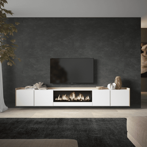 Móvel de TV, Muito espaço de arrumação, 315x35x50cm, Para televisores até 80, Lareira eléctrica XXL, Suspensos, Estilo moderno, Branco e Carvalho soft Móvel de TV, Muito espaço de arrumação, 315x35x50cm, Para televisores até 80, Lareira eléctrica XXL, Suspensos, Estilo moderno, Branco e Carvalho soft