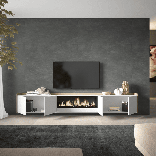 Móvel de TV, Muito espaço de arrumação, 315x35x50cm, Para televisores até 80, Lareira eléctrica XXL, Suspensos, Estilo moderno, Branco e Carvalho soft Móvel de TV, Muito espaço de arrumação, 315x35x50cm, Para televisores até 80, Lareira eléctrica XXL, Suspensos, Estilo moderno, Branco e Carvalho soft