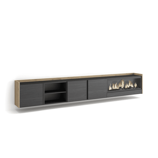 Móvel de TV, Muito espaço de arrumação, 315x35x50cm, Para televisores até 80, Lareira eléctrica XXL, Suspensos, Estilo moderno, Preto e Carvalho