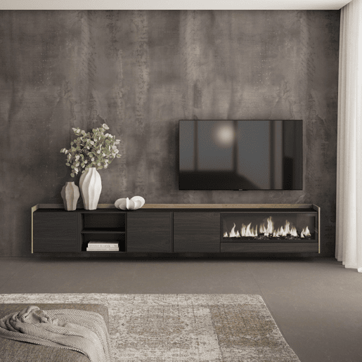 Móvel de TV, Muito espaço de arrumação, 315x35x50cm, Para televisores até 80, Lareira eléctrica XXL, Suspensos, Estilo moderno, Preto e Carvalho