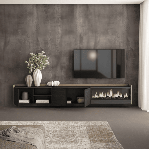Móvel de TV, Muito espaço de arrumação, 315x35x50cm, Para televisores até 80, Lareira eléctrica XXL, Suspensos, Estilo moderno, Preto e Carvalho