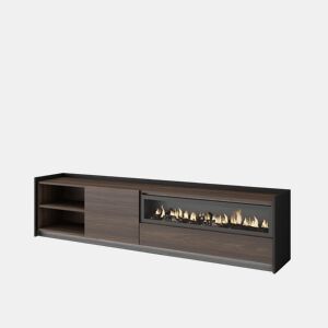 Móvel de TV, Muito espaço de arrumação, 207x37x50cm, Para televisores até 80, Lareira eléctrica, LED, Estilo moderno, Carvalho escuro e Preto
