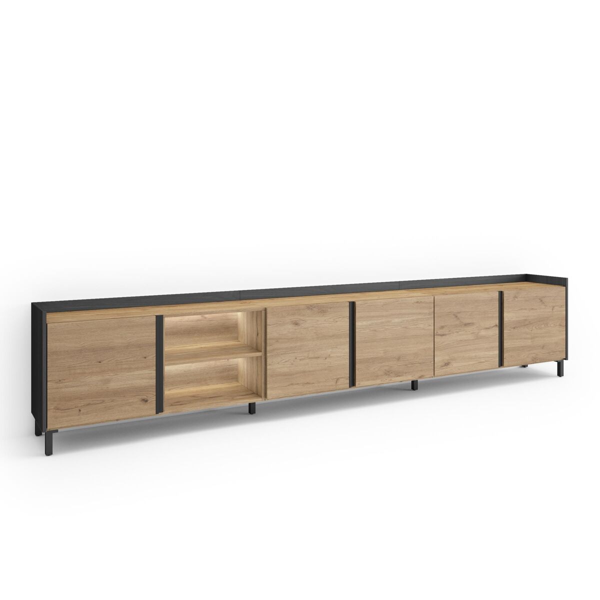 Mueble tv, televisión, muebles de salón, almacenaje, 309x35x61cm, para tv hasta 80", diseño industrial, led, estilo moderno, roble y negro
