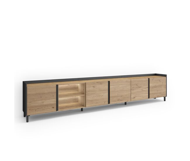 Mueble tv, televisión, muebles de salón, almacenaje, 309x35x61cm, para tv hasta 80", diseño industrial, led, estilo moderno, roble y negro