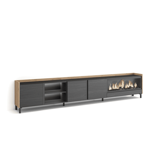 Móvel de TV, Muito espaço de arrumação, 315x35x61cm, Para televisores até 80, Lareira eléctrica XXL, Design industrial, LED, Estilo moderno, Preto e Carvalho