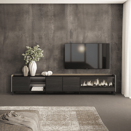 Móvel de TV, Muito espaço de arrumação, 315x35x61cm, Para televisores até 80, Lareira eléctrica XXL, Design industrial, LED, Estilo moderno, Preto e Carvalho