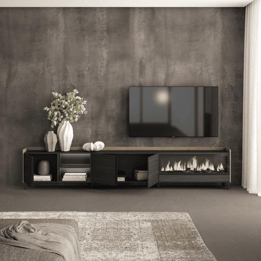 Móvel de TV, Muito espaço de arrumação, 315x35x61cm, Para televisores até 80, Lareira eléctrica XXL, Design industrial, LED, Estilo moderno, Preto e Carvalho