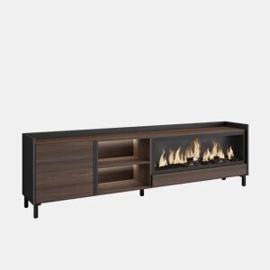 Móvel de TV, Muito espaço de arrumação, 212x35x61cm, Para televisores até 80, Lareira eléctrica XXL, Design industrial, LED, Estilo moderno, Carvalho escuro e Preto