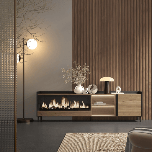 Móvel de TV, Muito espaço de arrumação, 212x35x61cm, Para televisores até 80, Lareira eléctrica XXL, Design industrial, LED, Estilo moderno, Carvalho e preto