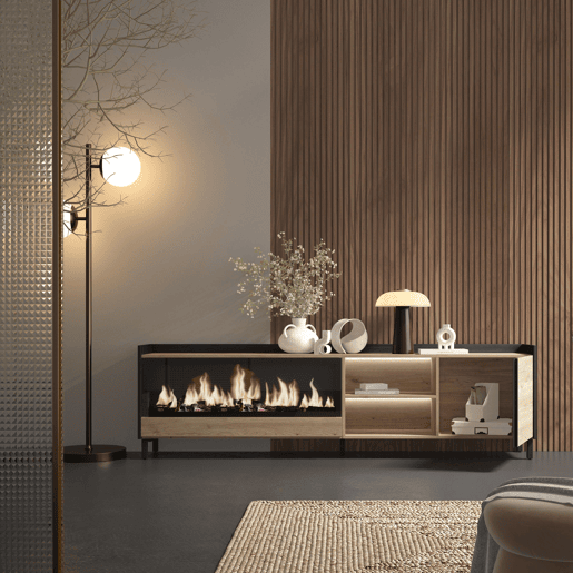 Móvel de TV, Muito espaço de arrumação, 212x35x61cm, Para televisores até 80, Lareira eléctrica XXL, Design industrial, LED, Estilo moderno, Carvalho e preto