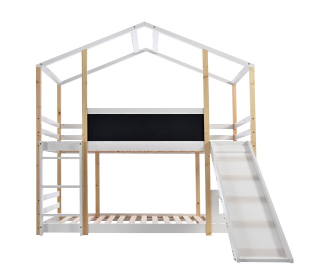 Cama infantil 90x200 cm - cama alta con tobogán y escalera - natural y blanco
