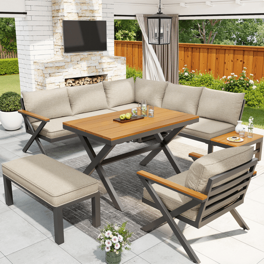 Conjunto de jardim com 2 sofás,cadeira e mesa de centro,bege