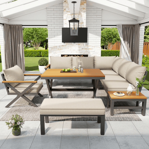 Conjunto de jardim com 2 sofás,cadeira e mesa de centro,bege