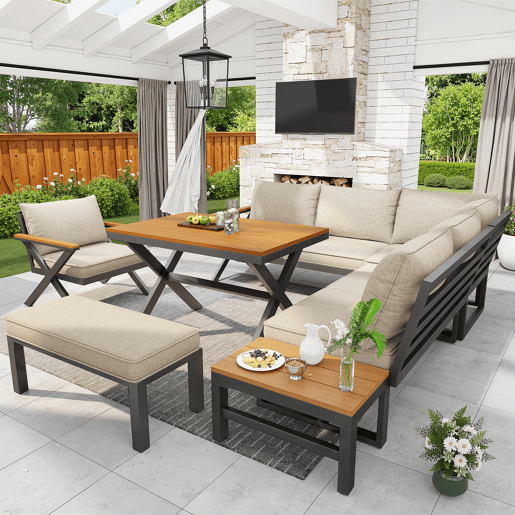 Conjunto de jardim com 2 sofás,cadeira e mesa de centro,bege