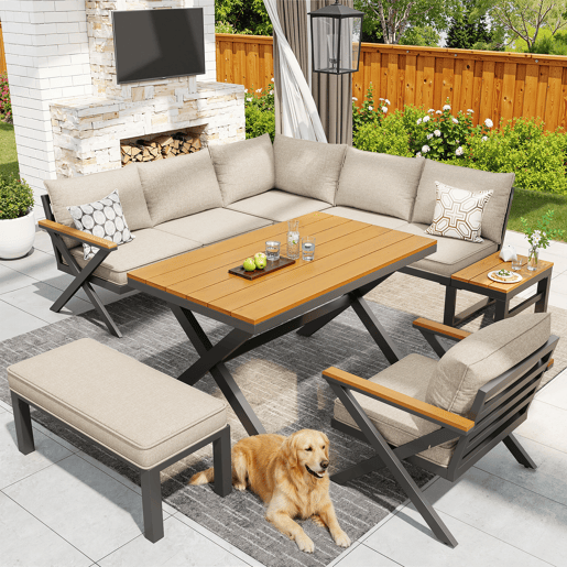 Conjunto de jardim com 2 sofás,cadeira e mesa de centro,bege