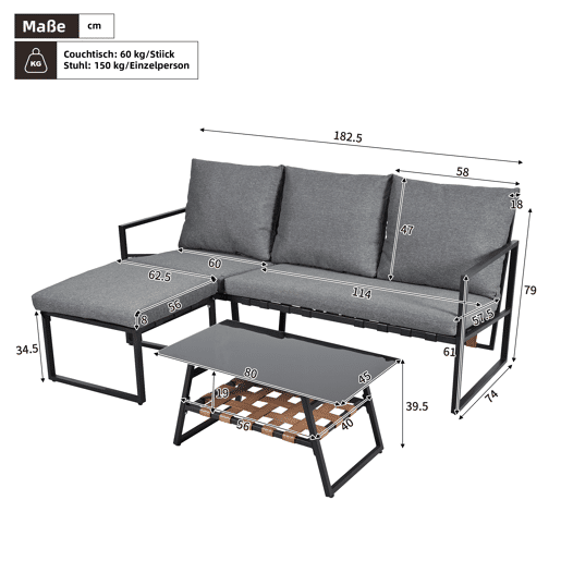 Conjunto de móveis de jardim - Sofá + Mesa de centro + Pufe - Estrutura em aço galvanizado, mesa em vidro - Cinza