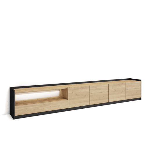 Móvel de TV, Muito espaço de arrumação, 310x37x50cm, Para televisores até 80, LED, Estilo moderno, Carvalho e preto