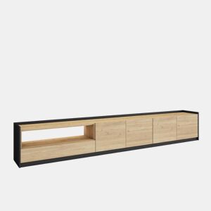 Móvel de TV, Muito espaço de arrumação, 310x37x50cm, Para televisores até 80, LED, Estilo moderno, Carvalho e preto