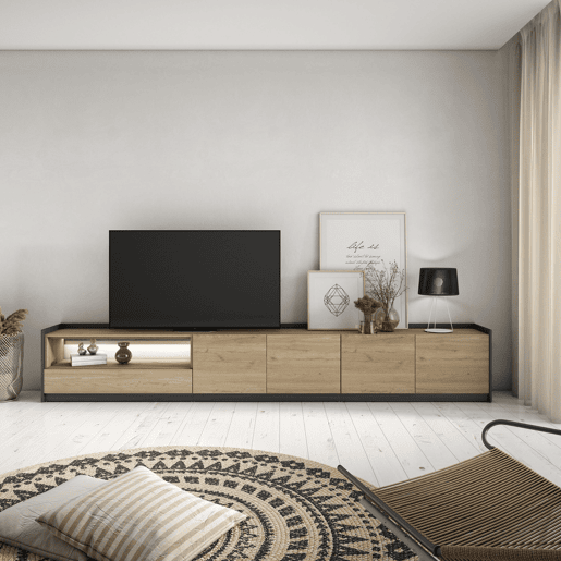 Móvel de TV, Muito espaço de arrumação, 310x37x50cm, Para televisores até 80, LED, Estilo moderno, Carvalho e preto