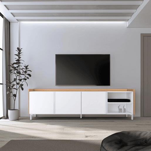 Móvel de TV, Muito espaço de arrumação, 207x35x61cm, Para televisores até 80, Design industrial, Estilo moderno, Branco e Carvalho soft Móvel de TV, Muito espaço de arrumação, 207x35x61cm, Para televisores até 80, Design industrial, Estilo moderno, Branco e Carvalho soft
