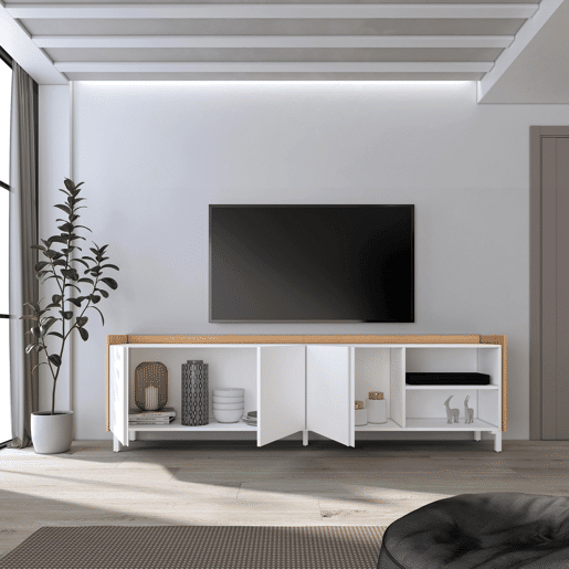 Móvel de TV, Muito espaço de arrumação, 207x35x61cm, Para televisores até 80, Design industrial, Estilo moderno, Branco e Carvalho soft Móvel de TV, Muito espaço de arrumação, 207x35x61cm, Para televisores até 80, Design industrial, Estilo moderno, Branco e Carvalho soft