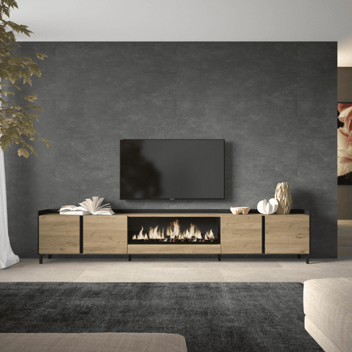 Móvel de TV, Muito espaço de arrumação, 315x35x61cm, Para televisores até 80, Lareira eléctrica XXL, Design industrial, Estilo moderno, Carvalho e preto