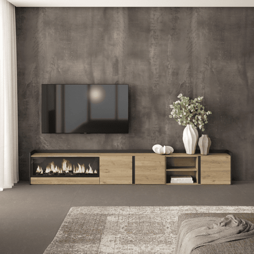 Móvel de TV, Muito espaço de arrumação, 315x35x50cm, Para televisores até 80, Lareira eléctrica XXL, Estilo moderno, Carvalho e preto Móvel de TV, Muito espaço de arrumação, 315x35x50cm, Para televisores até 80, Lareira eléctrica XXL, Estilo moderno, Carvalho e preto
