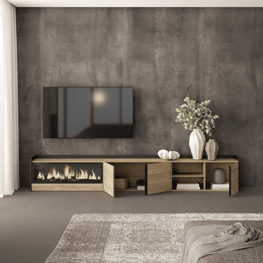 Móvel de TV, Muito espaço de arrumação, 315x35x50cm, Para televisores até 80, Lareira eléctrica XXL, Estilo moderno, Carvalho e preto Móvel de TV, Muito espaço de arrumação, 315x35x50cm, Para televisores até 80, Lareira eléctrica XXL, Estilo moderno, Carvalho e preto