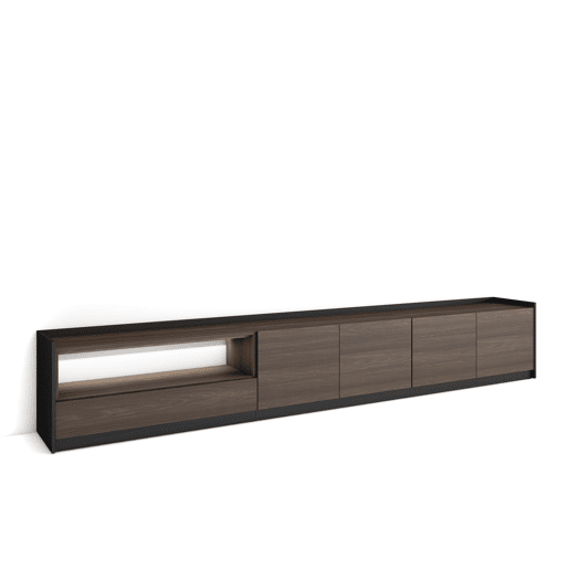 Móvel de TV, Muito espaço de arrumação, 310x37x50cm, Para televisores até 80, LED, Estilo moderno, Carvalho escuro e Preto