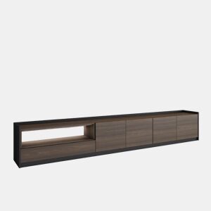 Móvel de TV, Muito espaço de arrumação, 310x37x50cm, Para televisores até 80, LED, Estilo moderno, Carvalho escuro e Preto