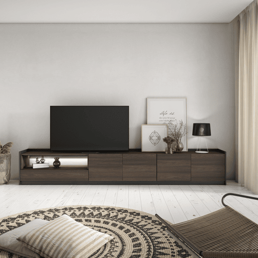 Móvel de TV, Muito espaço de arrumação, 310x37x50cm, Para televisores até 80, LED, Estilo moderno, Carvalho escuro e Preto