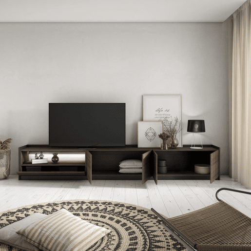 Móvel de TV, Muito espaço de arrumação, 310x37x50cm, Para televisores até 80, LED, Estilo moderno, Carvalho escuro e Preto
