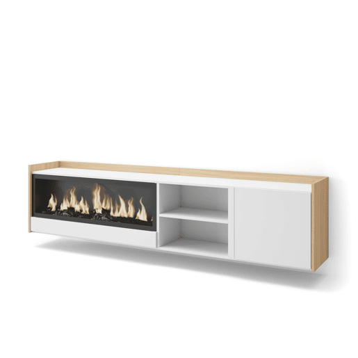 Móvel de TV, Muito espaço de arrumação, 212x35x50cm, Para televisores até 80, Lareira eléctrica XXL, Suspensos, Estilo moderno, Branco e Carvalho soft