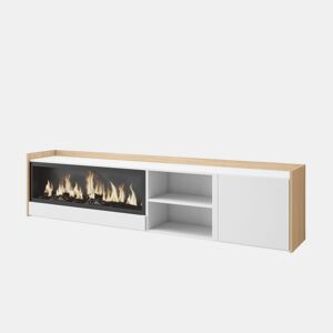 Móvel de TV, Muito espaço de arrumação, 212x35x50cm, Para televisores até 80, Lareira eléctrica XXL, Suspensos, Estilo moderno, Branco e Carvalho soft