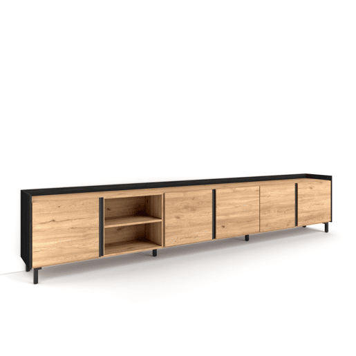 Móvel de TV, Muito espaço de arrumação, 309x35x61cm, Para televisores até 80, Design industrial, Estilo moderno, Carvalho e preto Móvel de TV, Muito espaço de arrumação, 309x35x61cm, Para televisores até 80, Design industrial, Estilo moderno, Carvalho e preto