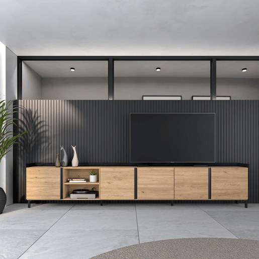 Móvel de TV, Muito espaço de arrumação, 309x35x61cm, Para televisores até 80, Design industrial, Estilo moderno, Carvalho e preto Móvel de TV, Muito espaço de arrumação, 309x35x61cm, Para televisores até 80, Design industrial, Estilo moderno, Carvalho e preto