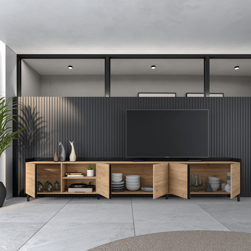Móvel de TV, Muito espaço de arrumação, 309x35x61cm, Para televisores até 80, Design industrial, Estilo moderno, Carvalho e preto Móvel de TV, Muito espaço de arrumação, 309x35x61cm, Para televisores até 80, Design industrial, Estilo moderno, Carvalho e preto