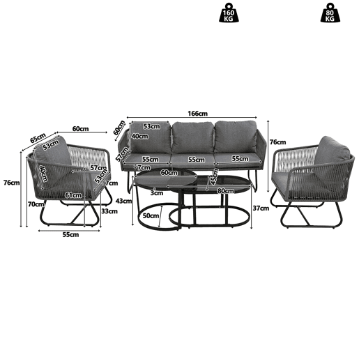 Conjunto de jardim com sofá,2 cadeiras e mesa de centro,cinza