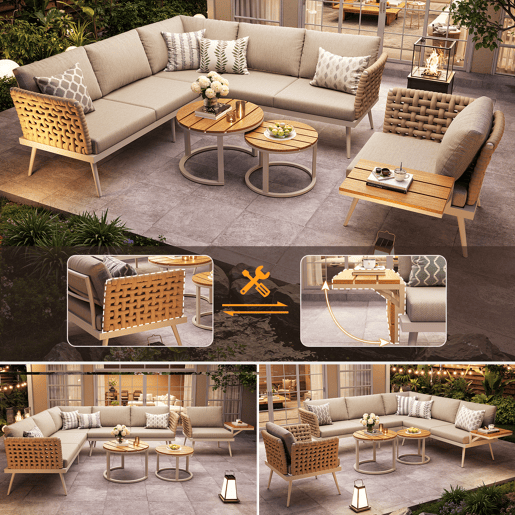 Conjunto de jardim com 2 sofás,cadeira e mesa de centro,bege