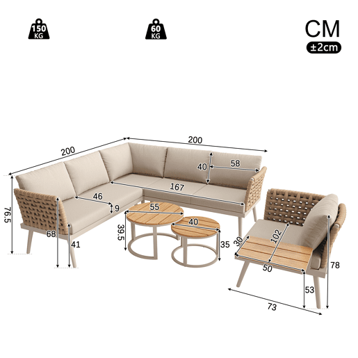 Conjunto de jardim com 2 sofás,cadeira e mesa de centro,bege